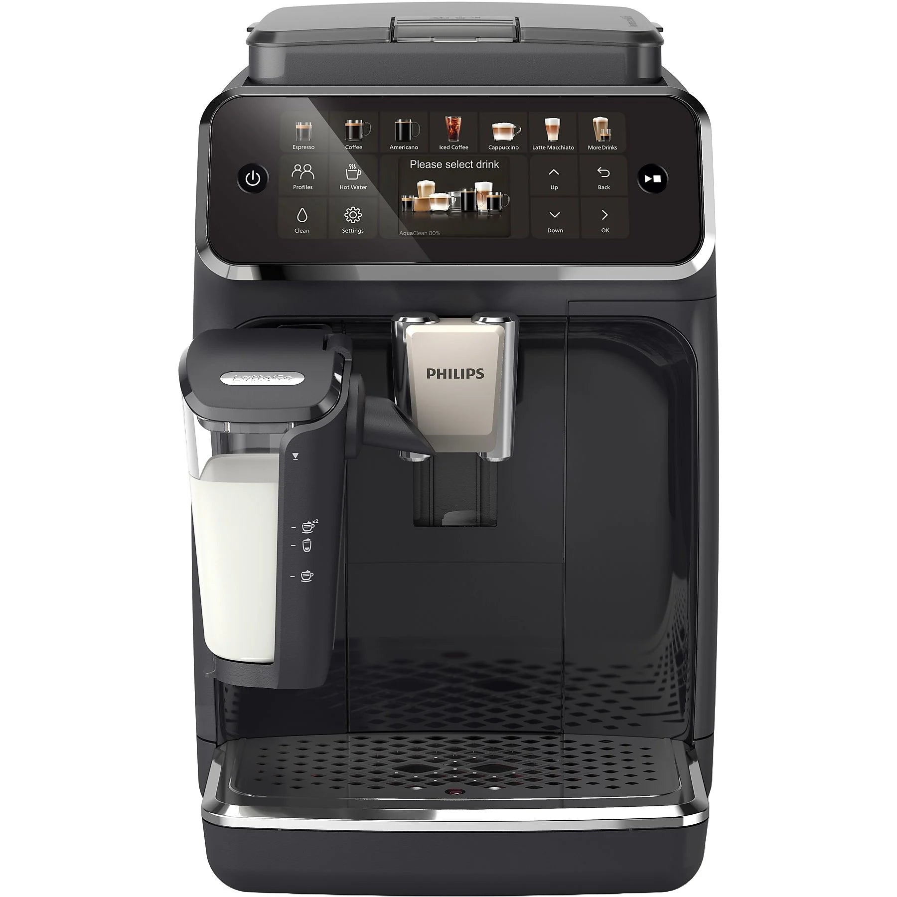 Philips EP4441/50 superautomatic coffee maker with LatteGo, touchscreen, and AquaClean filter in sleek black design.